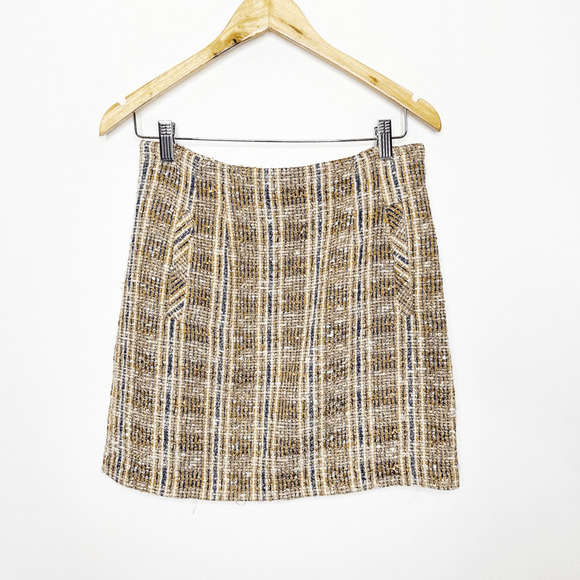 VERONICA BEARD Roman Checked Boucle Tweed Mini Skirt Light Brown womens 4 FLAWED - Picture 3 of 9
